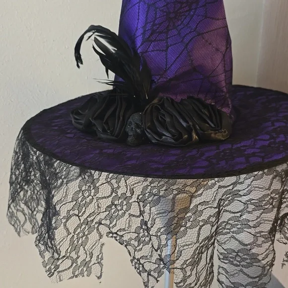 Halloween Witch Hat Purple Costume Skull Spider Web Lace - Picture 2 of 7